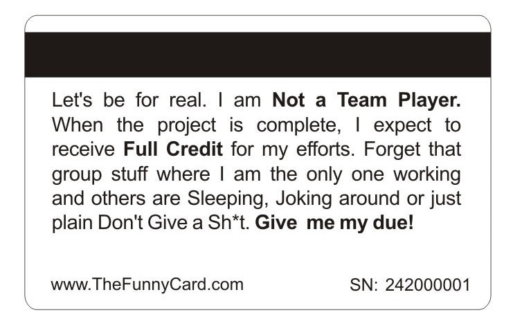 Official I Am Not A Team Player Card™ (8 PACK) Free Shipping..
