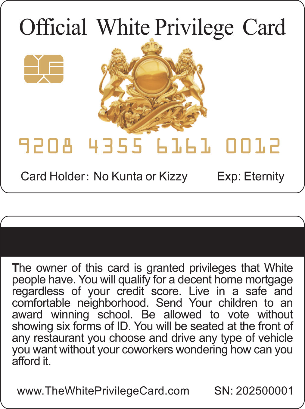 Official White Privilege Card™ (4-9 PACK) Free Shipping.