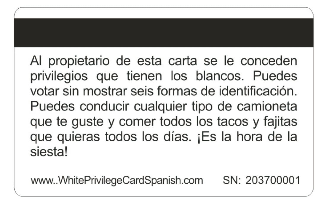 Official White Privilege SPANISH Card™  (4 PACK) Free Shipping.